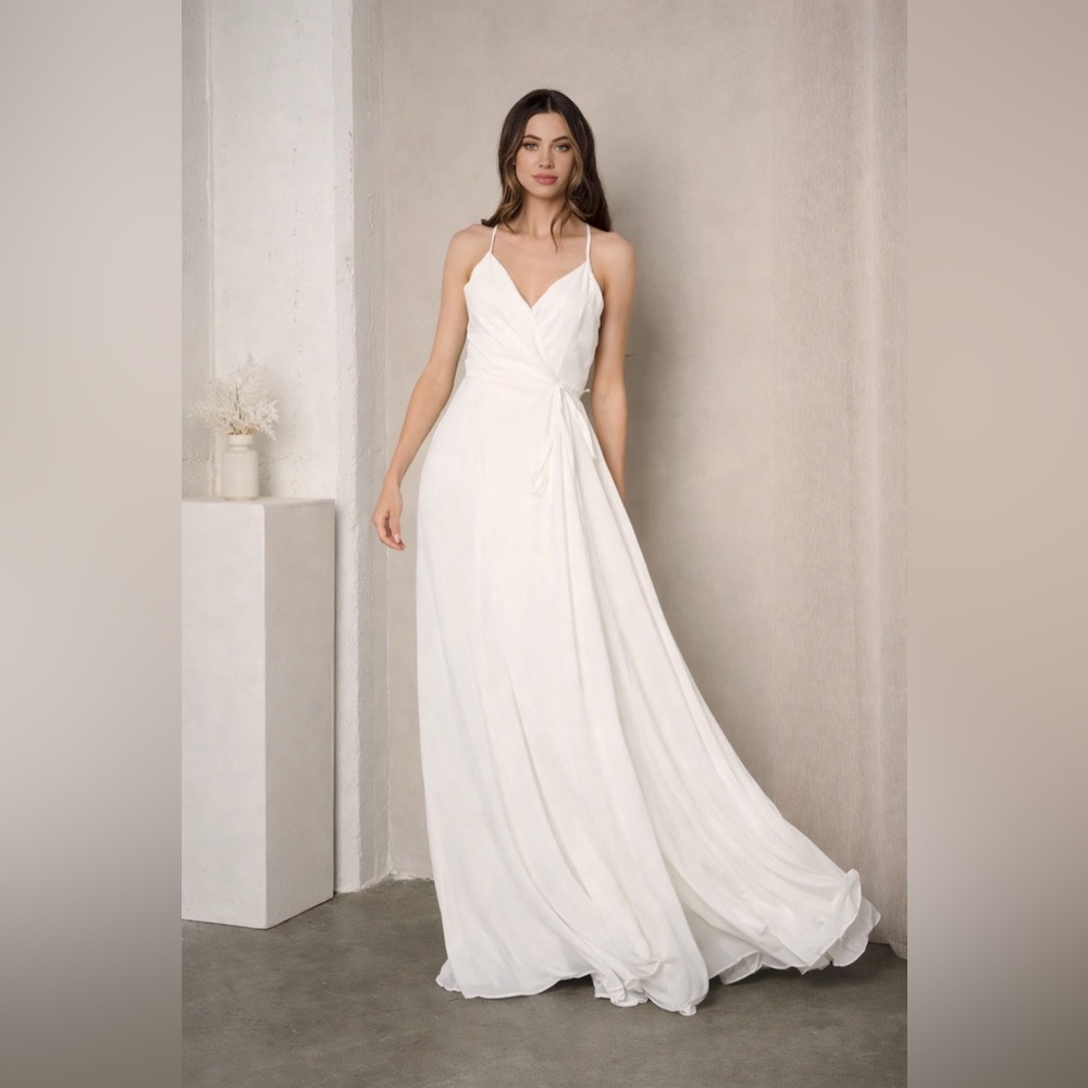 Boutique White Wrap Maxi Dress Spaghetti Strap Flowing Bridal Wedding Guest NWT